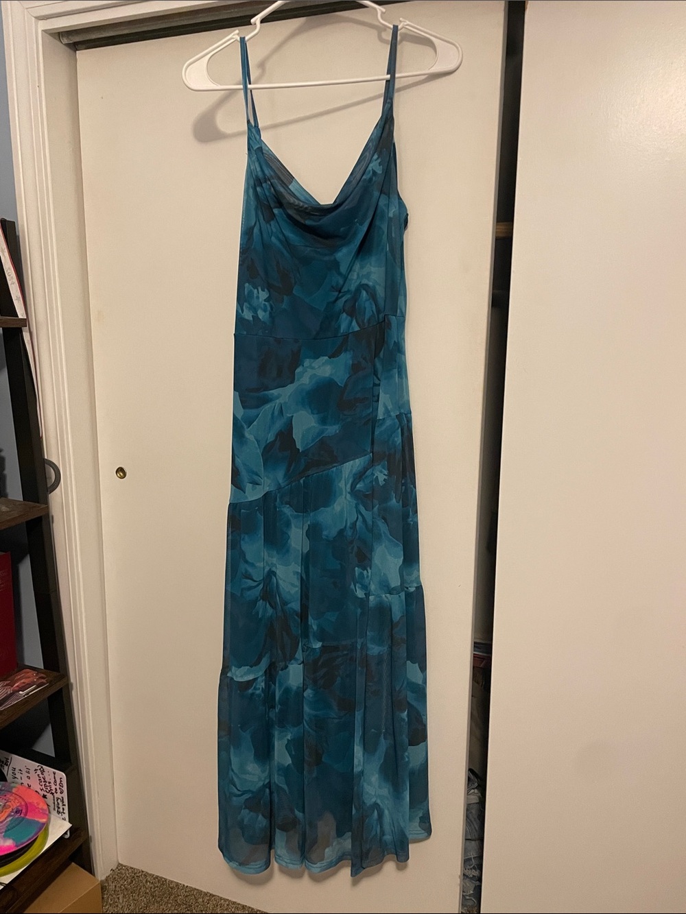 Teal Floral Cowl-Neck Maxi Dress with Delicate Straps